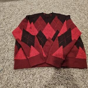 AllSaints Sweater Mens XL Red Argyle Crewneck Knit Pullover Diamond Pattern